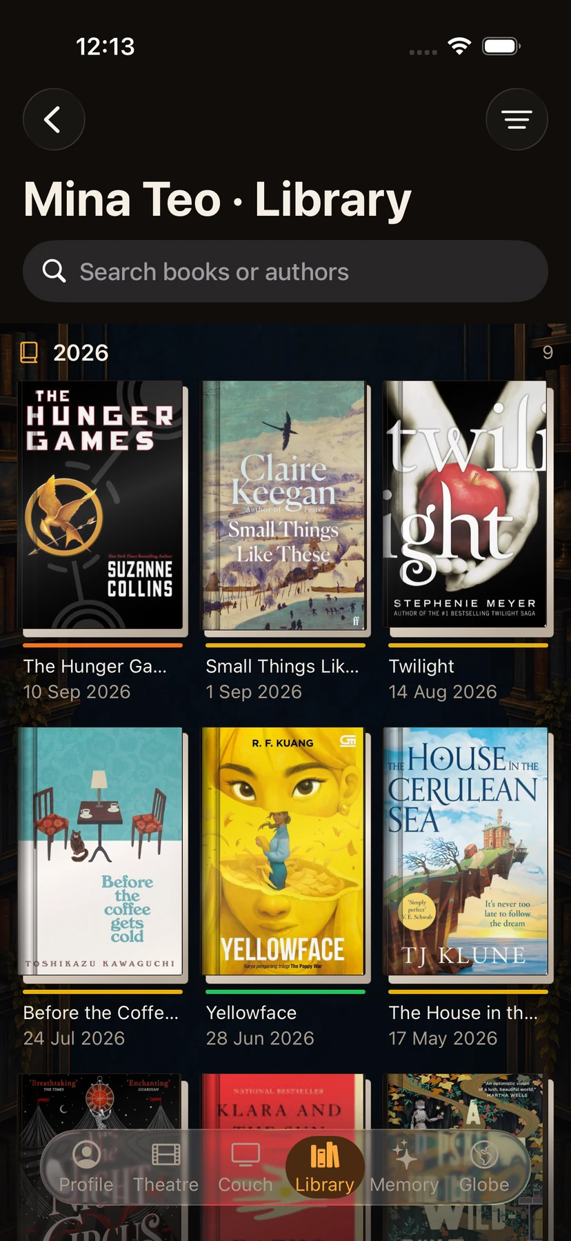 Crestora Library showing Mina’s real book collection and read dates
