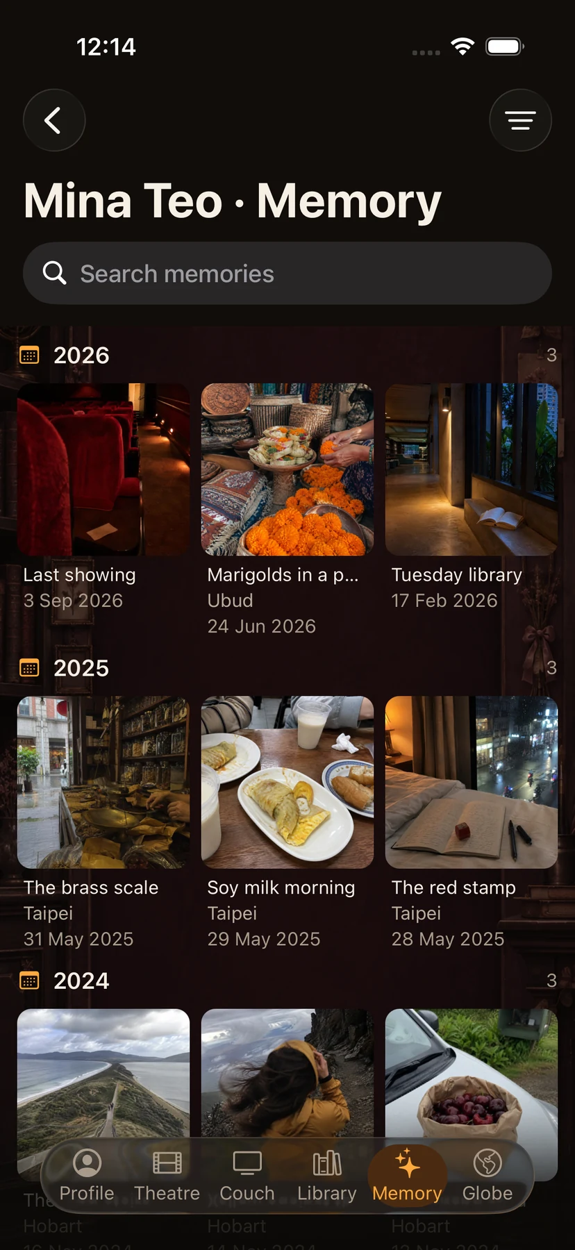 Crestora Memory showing photos and personal memories organised by year