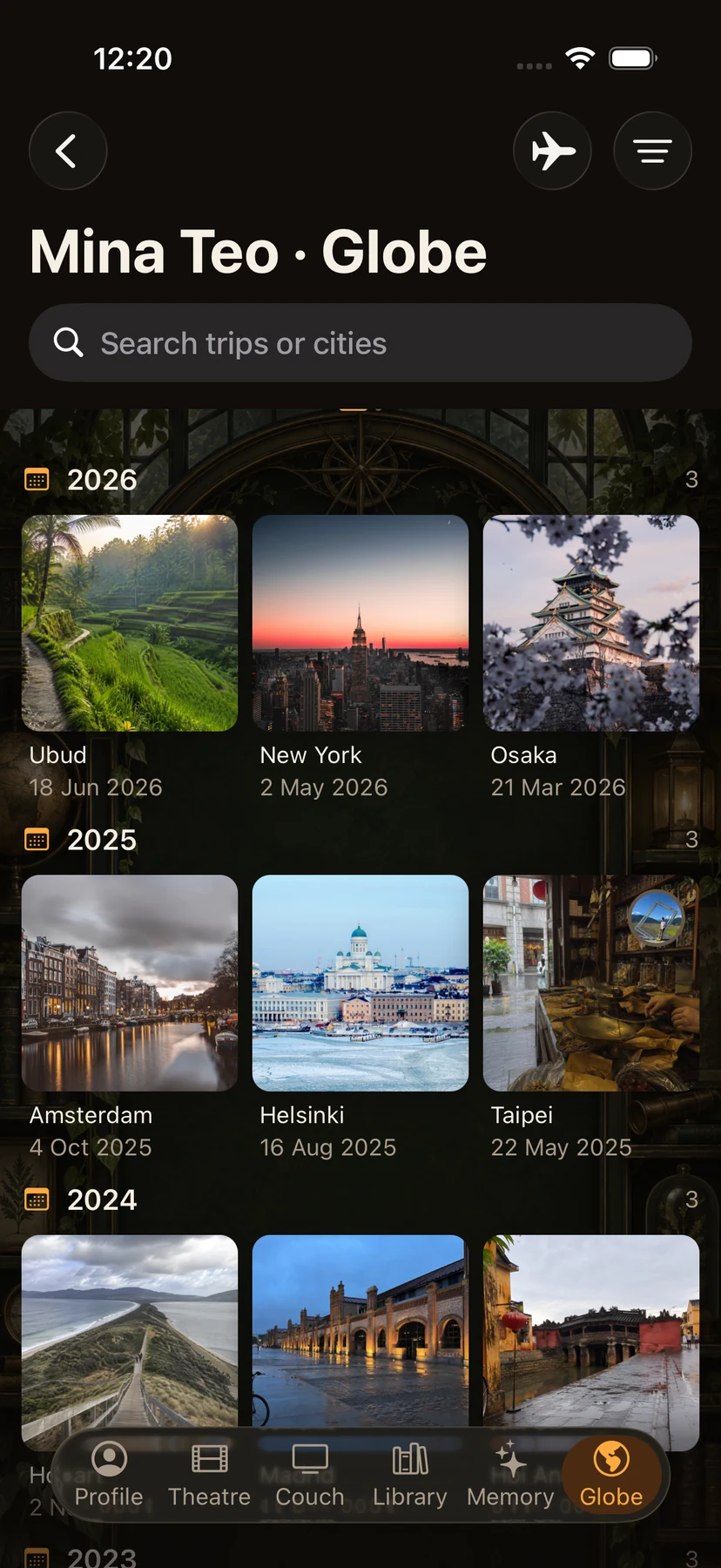 Crestora Globe showing trips to Ubud, New York, Osaka and more