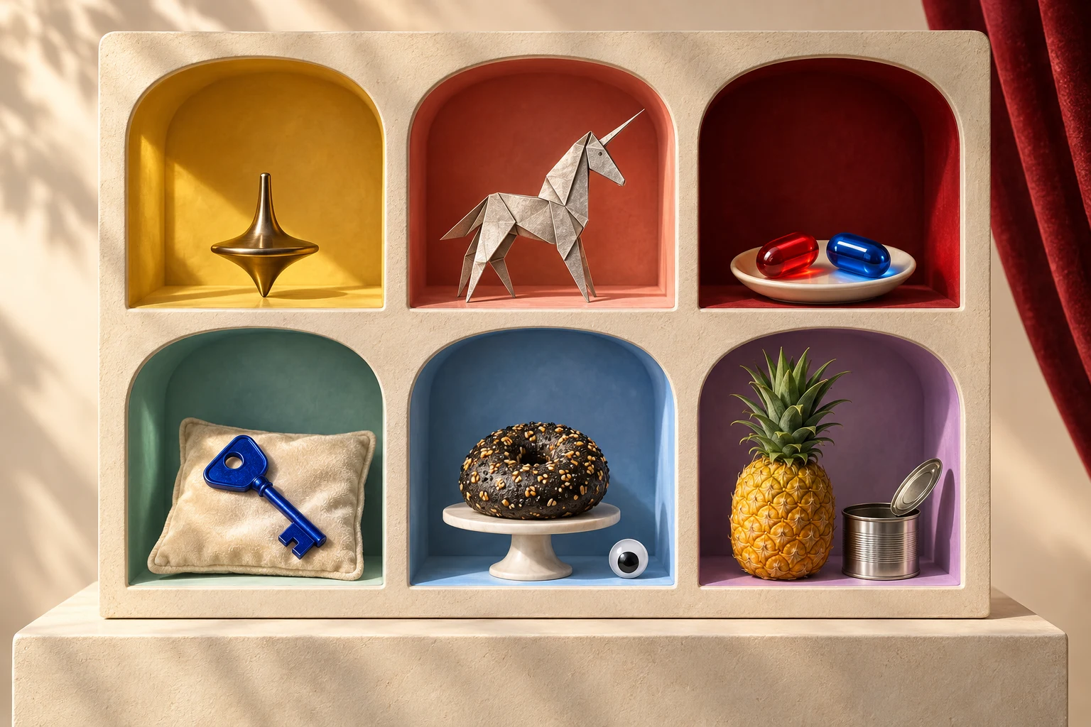 Six recognisable film objects in a colourful cabinet