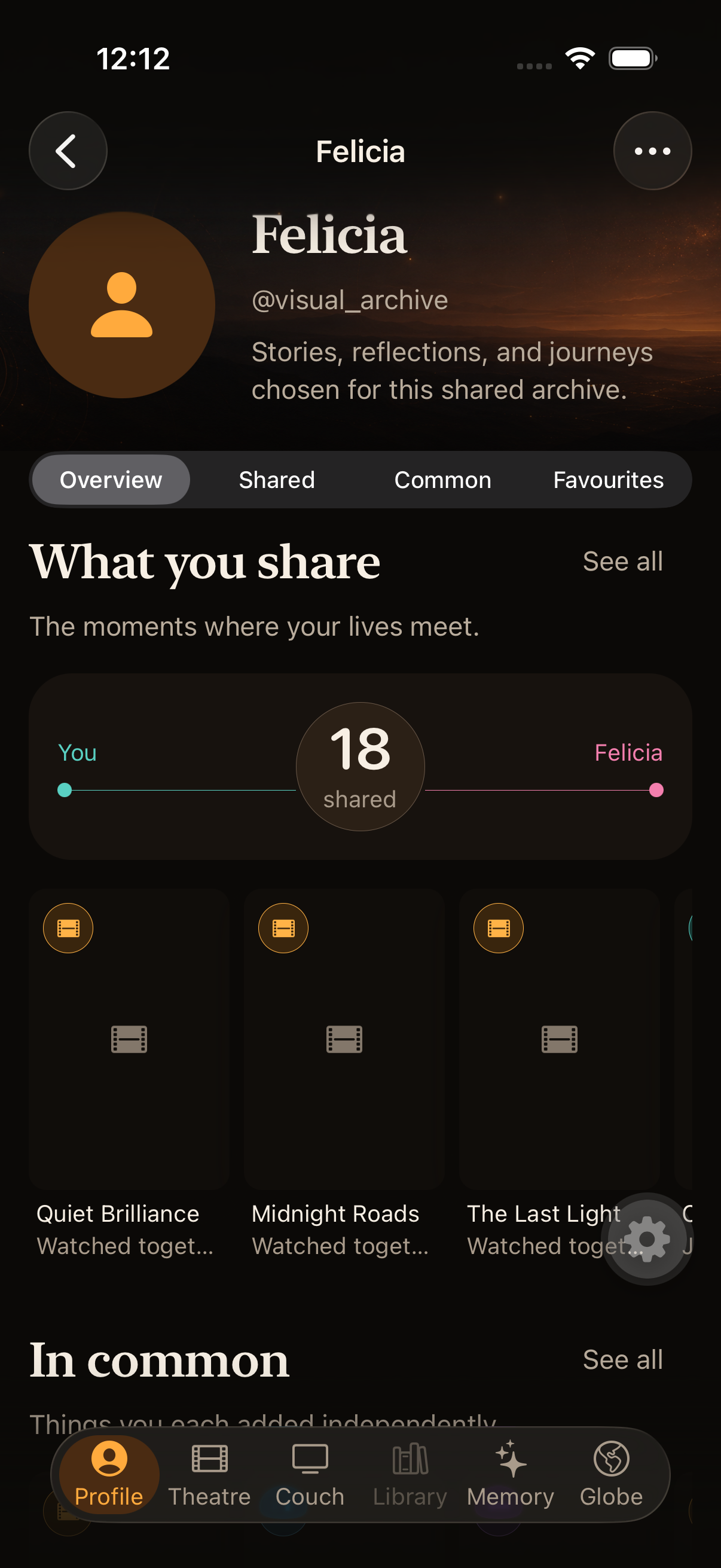 Crestora friend insights showing shared experiences and things in common